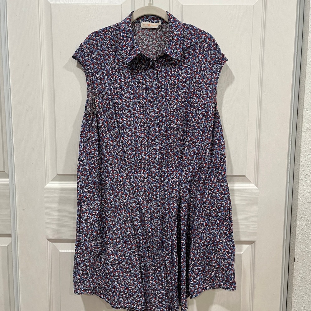 Tory Burch Floral Print Silk‎ Shirt Dress Blue Red White Size 10 Collared